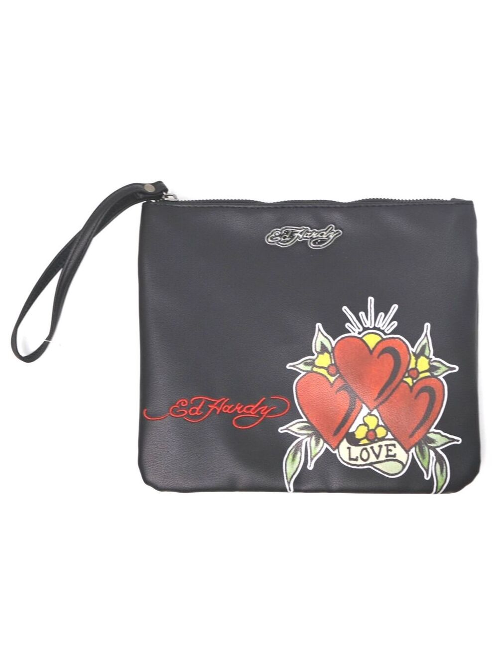 Ed Hardy Black PU Wristlet Clutch with Red Hearts and Love Design